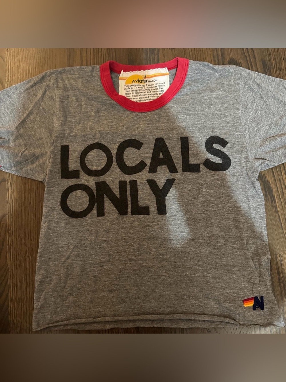 Aviator Nation Gray Tee with Red Trim and Black Print